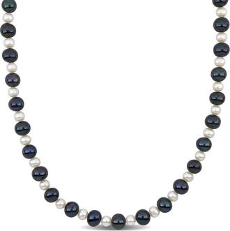 Amour Mens 5-8mm Cultured Freshwater Black and White Pearl Necklace Sterling Silver Clasp - 20 In
