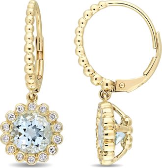 Mimi & Max 3 1/6ct TGW Blue Topaz 1/3ct TW Diamond Halo Leverback Earrings 10k Yellow Gold