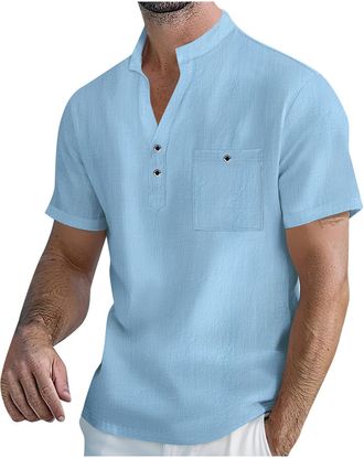 Generic Mens Cotton Linen Shirts Short Sleeve Button Up Casual Hawaiian T-Shirt Henley Shirt Tops Fit Business Summer Travel Vacation Regular Fit Linen Plain 