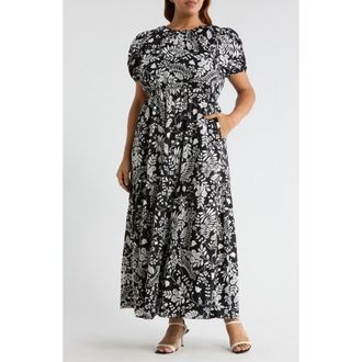 Sugarlips Pine Hill Floral Becca Tiered Maxi Sundress in Grey-Black at Nordstrom, Size 3X