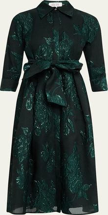 Teri Jon Metallic Jacquard Belted Shirtdress
