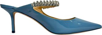 Jimmy Choo London Bing Mules with Crystal Strap in Light Blue Patent Leather