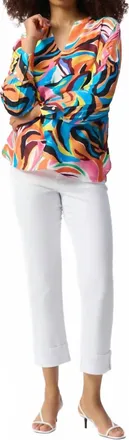 Joseph Ribkoff Abstract Print V-Neck Boxy Satin Top In Vanilla/multi
