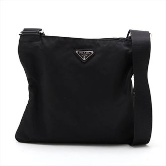 Prada Black Leather Nylon Messenger Bag Shoulder Bag (Pre-Owned)