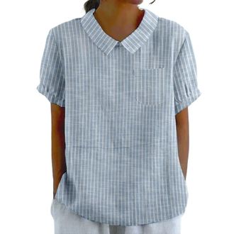 Generic Womens Striped Linen Short Sleeve Blouse with Peter Pan Collar and Chest Pocket - Breathable, Casual and Stylish Shirt Light Blue