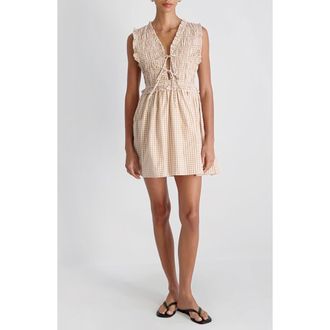 French Connection Rhodes Pop Gingham Ruffle Shirred Bodice Cotton Sundress in Petit Gingham Almond Beige at Nordstrom, Size X-Small