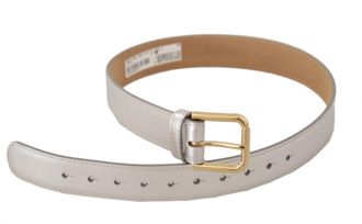 Dolce & Gabbana Womens Silver Leather Gold Tone Logo Metal Buckle Belt