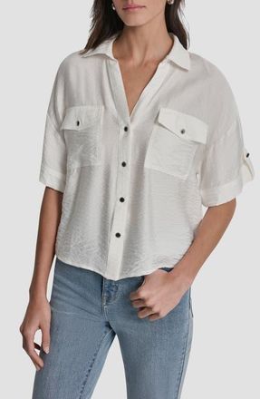 DKNY Short Sleeve Roll Tab Shirt in Ivory at Nordstrom, Size X-Large