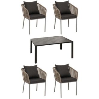 Hhg [nunca Usado] Set De Jard&iacute;n Hhg-616, Mesa+4xsillas, Aluminio Resistente A La Intemperie 140x80cm, Tejido De Cuerda Rope, Gris, Cojines Gris Oscuro