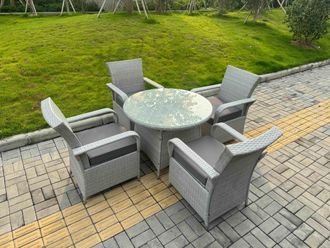 Fimous Rattan Furniture Set with 1 Big Round Coffee Table & 4 Seater Chairs in Light Grey