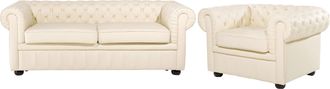 Beliani Conjunto De Sof&aacute;s Para Sal&oacute;n Chesterfield Tapizado En Cuero Crema Con Patas De Madera Oscura Sof&aacute; 3 Plazas Y Un Sill&oacute;n Chesterfield