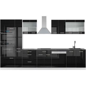 Vicco Mueble De Cocina R-line, Negro Brillo/blanco, 350 Cm Con Armario Alto, Et Antracita