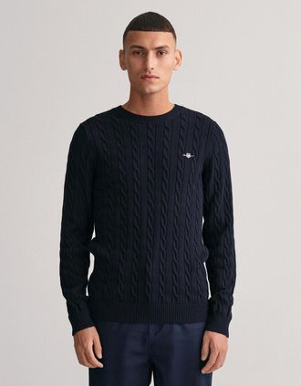 GANT Mens GANT Mens Cotton Cable Knit Crew Neck Jumper - 433 Evening Blue - Navy - Size: XXXL