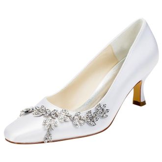 Emily Bridalwear 141-1-1 Womens Wedding Shoes Closed Toe 2.28 Inches Chunky Heel Satin Pumps with Rhinestone Bridal Shoes (EU41/UK7.5, Wihte)