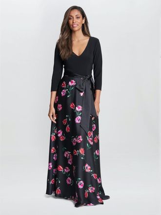 Gina Bacconi Womens Athena Print Floral Satin And Jersey Dress - Black - Size 10 UK