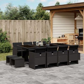 vidaXL Set Comedor De Jard&iacute;n Con Cojines 13 Pzas Rat&aacute;n Sint&eacute;tico Negro Vidaxl