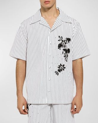 Dolce & Gabbana Mens Striped Floral Embroidery Camp Shirt