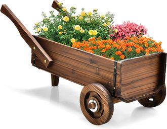 Costway Costway - Carretilla Jard&iacute;n De Madera De Flores, Carrito De Madera Maceta Con Ruedas, Asas, Orificio De Drenaje, Soporte Para Macetas De Flores, Macet