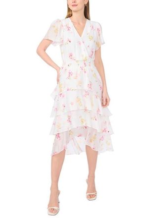 Vince Camuto Floral Short Sleeve Tiered Dress in Lemon Cream at Nordstrom, Size Xx-Small
