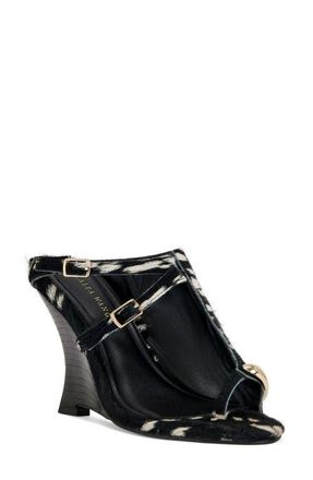 Azalea Wang Giannis Genuine Calf Hair Wedge Sandal in Black at Nordstrom, Size 7.5