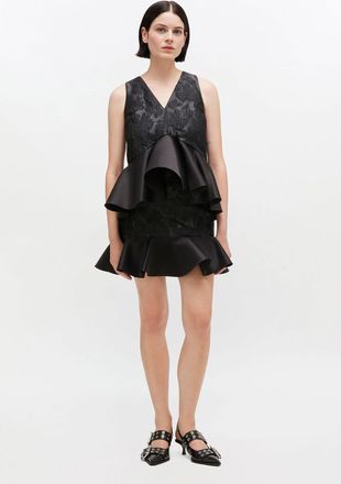 Ganni Jet Black Satin Cloque Peplum Top - Size 34