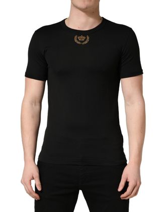 Dolce & Gabbana Black Crown Embroidery Men Crew Neck Mens T-shirt