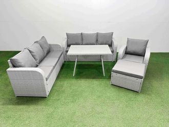 Fimous 5 Pieces Outdoor PE Rattan Garden Furniture with Big Stool Light Grey