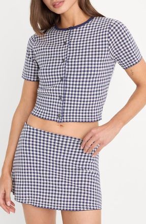 Good American The Keepsake Gingham Crop Cardigan in Navy Gingham at Nordstrom, Size 3X-Large