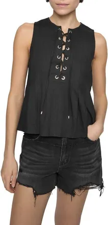 Rebecca Minkoff Pleated Sleeveless Linen & Cotton Lace-Up Top in True Black at Nordstrom, Size X-Large
