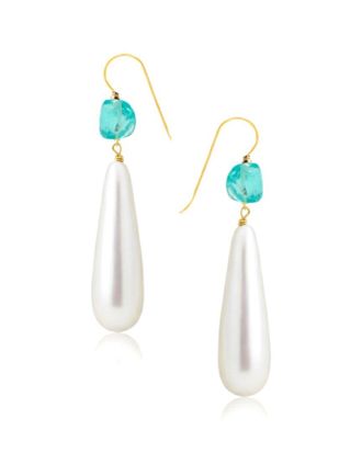 Liv Oliver 18K Plated 1.52 Ct. Tw. Blue Aquamarine Quartz & 10 X 30Mm Pearl Earrings