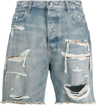 Amiri distressed knee-length denim shorts - men - Cotton/Calf Leather - 28 - Blue