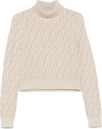 Fendi Witte Jacquard Trui met Geribbelde Hoge Col - Dames - Coltruien - Wit - 2XS - Wol - Truien & Vesten