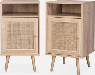 Sweeek Mesita De Noche Escandinava Con Efecto Madera Y Ca&ntilde;a, Set De 2