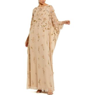 Mac Duggal Embellished Mesh High Neck Trapeze Dress in Nude Gold at Nordstrom, Size 16