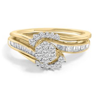 House of Brilliance 14K Yellow Gold Plated Sterling Silver 1/2 Cttw Diamond Cluster Spiral Bridal Set