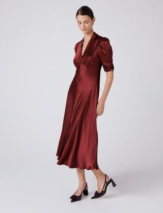Ghost London Mia Satin V Neck Midi Tea Dress in Burgundy at Nordstrom, Size 8