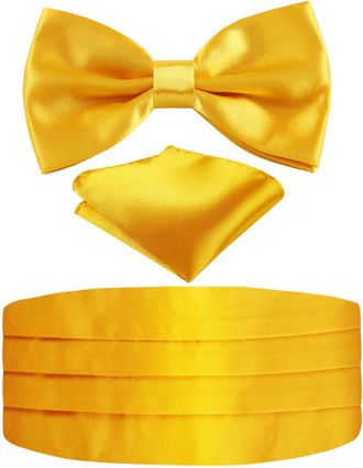 Alizeal Mens Solid Pre-tied Party Adjustable Bow Tie, Cummerbund and Pocket Square Gift Set, Gold Yellow