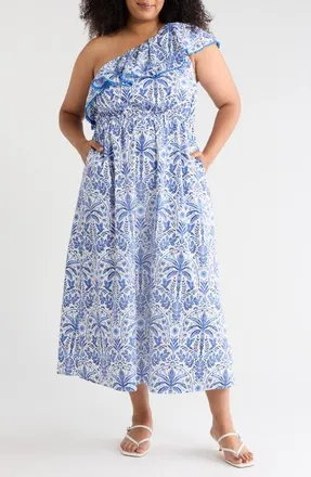 Sugarlips Romina Tropical Suraya One-Shoulder Cotton Midi Dress in Blue-White-Multi at Nordstrom, Size 2X