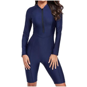 Generic Women Rash Guard Long Sleeve Shirts Boyleg One Piece Swimsuit Surfing Bathing Suit UPF 50 Front Zip Surf Wetsuit, Blue, M