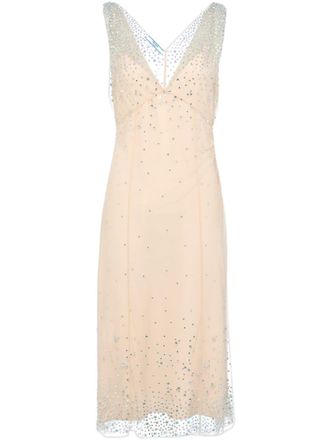 Prada crystal-embellished tulle midi dress - women - Nylon - 42 - Neutrals