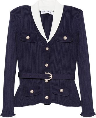 Self Portrait Navy Ribbed Knit Cardigan