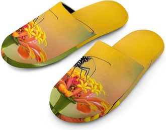 Generic Monarch Butterfly on Flower Mens Slippers Flannel Warm House Shoes with Rubber Anti-Slip Sole Slip On for Home Outdoor