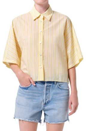 A Gold E Merrin Stripe Boxy Cotton & Nylon Poplin Button-Up Shirt in Wirrel Stripe at Nordstrom, Size X-Large