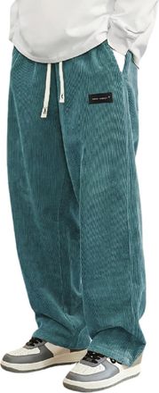 Generic Mens Corduroy Trousers Loose Fit Straight Leg Joggers Solid Casual Elasticated Waist Baggy Sweatpants with Pockets Light Blue
