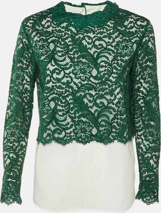 Sandro Green /white Cotton & Lace Overlay Malia Top