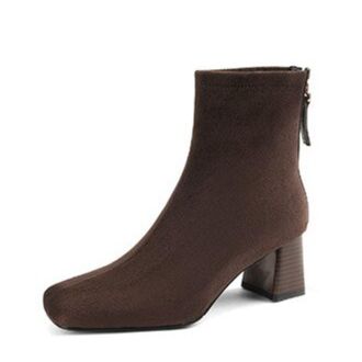 Generic Womens Suede Ankle Boots Square Toe Medium Block Heels Side Zipper Stretch Fit Soft Lining Cushioned Insole Durable Non-Slip Outsole,Brown,6.5 UK