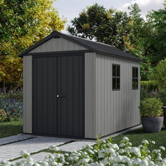 Dmora Caseta De Jard&iacute;n Perham, Con Cerradura, Acabado De Resina, Con Ventanas, Tejado A Dos Aguas, 230x287x246h Cm Gris