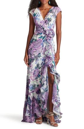 Tadashi Shoji Floral Wire Ruffle Detail Gown in White/purple Floral at Nordstrom, Size 8