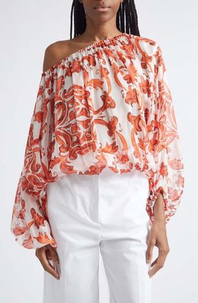 Dolce & Gabbana Majolica Print Off the Shoulder Chiffon Top in S9000 Variante Abbinata at Nordstrom, Size 46
