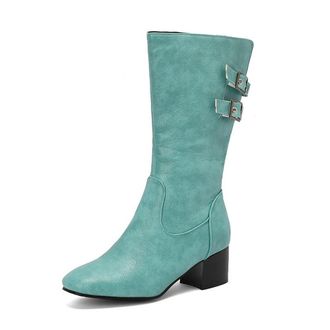 Generic Womens Fashion Buckles Mid Calf Riding Boots Square Toe Block Heel Side Zipper Winter Dress Shoes Pull On (7.5,Green)